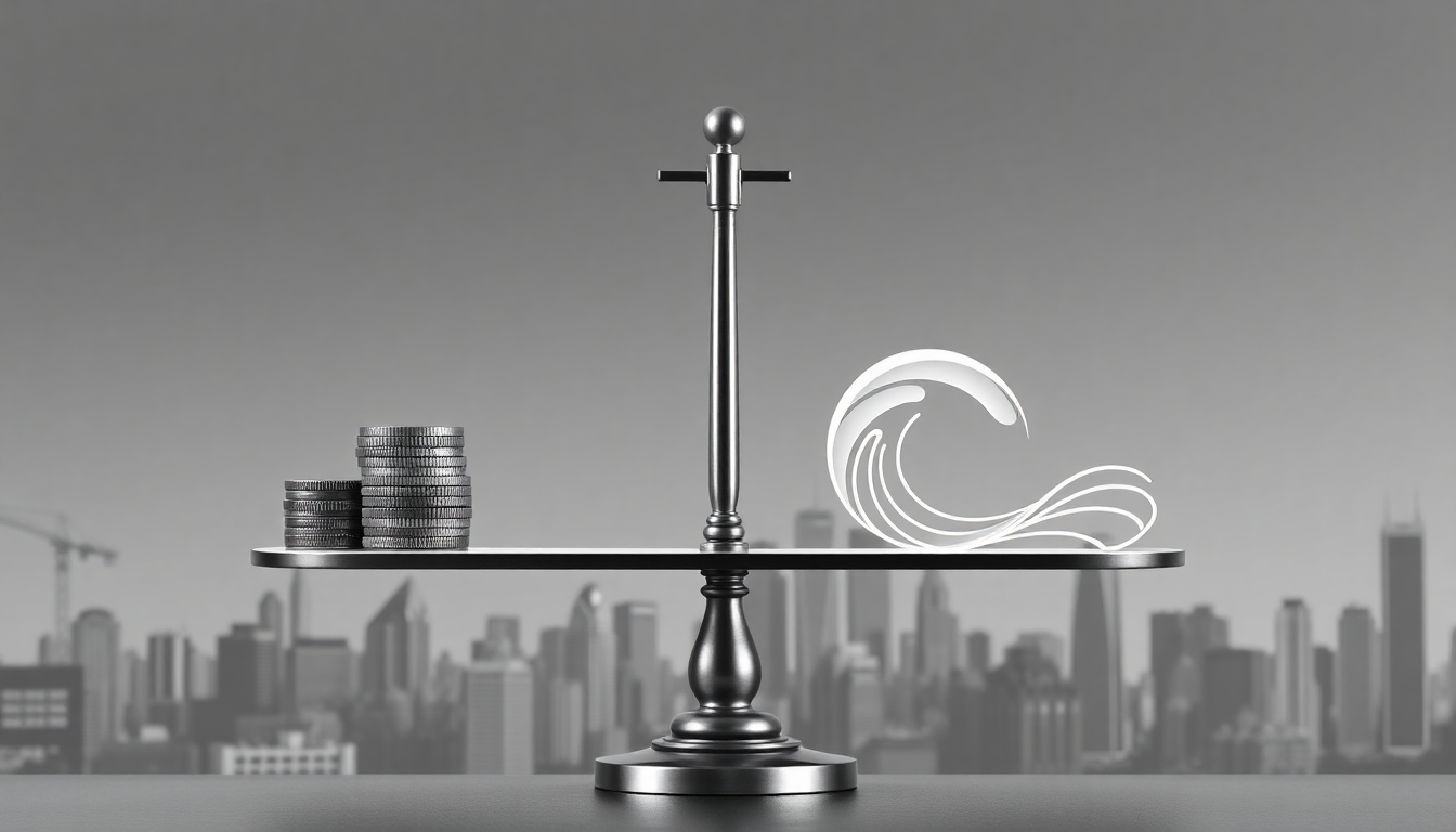 Balance de pièces de monnaie et symbole de vague sur fond de skyline urbain — DB France Invest, financement et monétisation