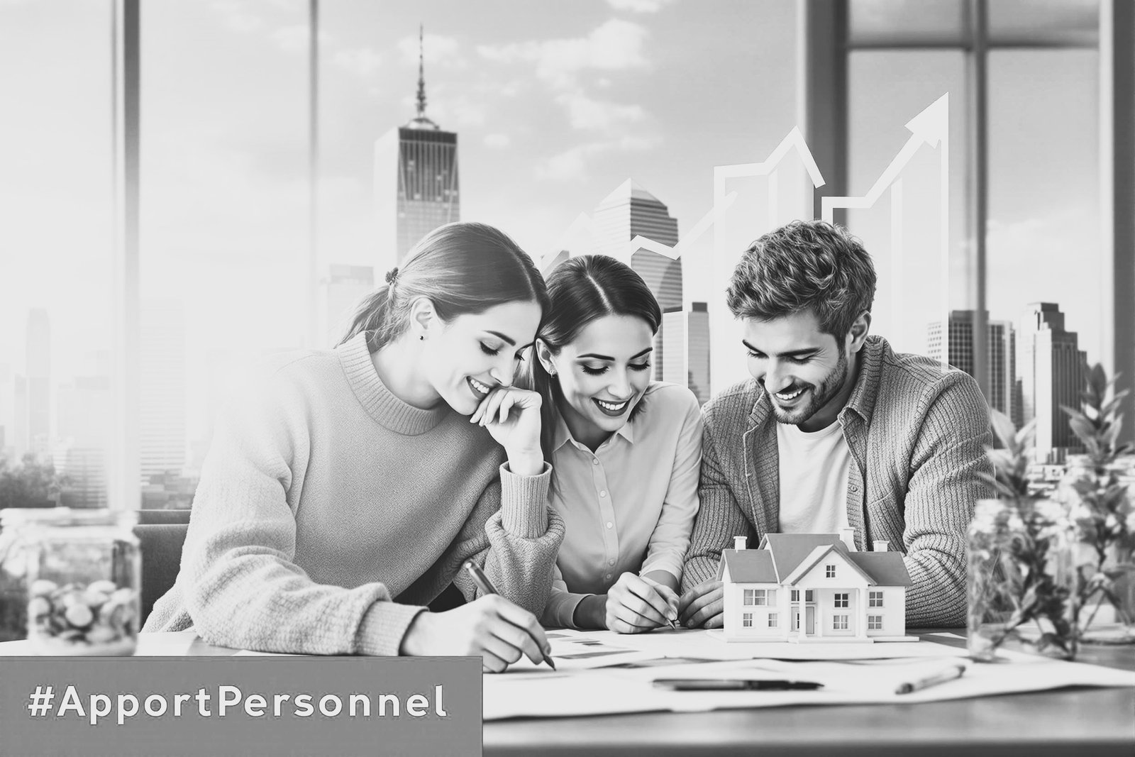 Trois jeunes professionnels enthousiastes examinant un modèle réduit de maison — DB France Invest, financement immobilier