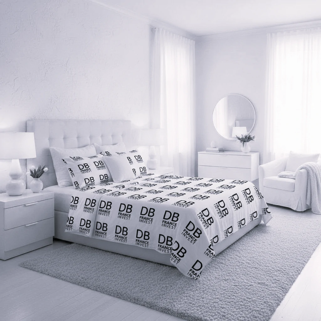 Chambre à coucher blanche et grise avec motifs DB France Invest, financement patrimonial