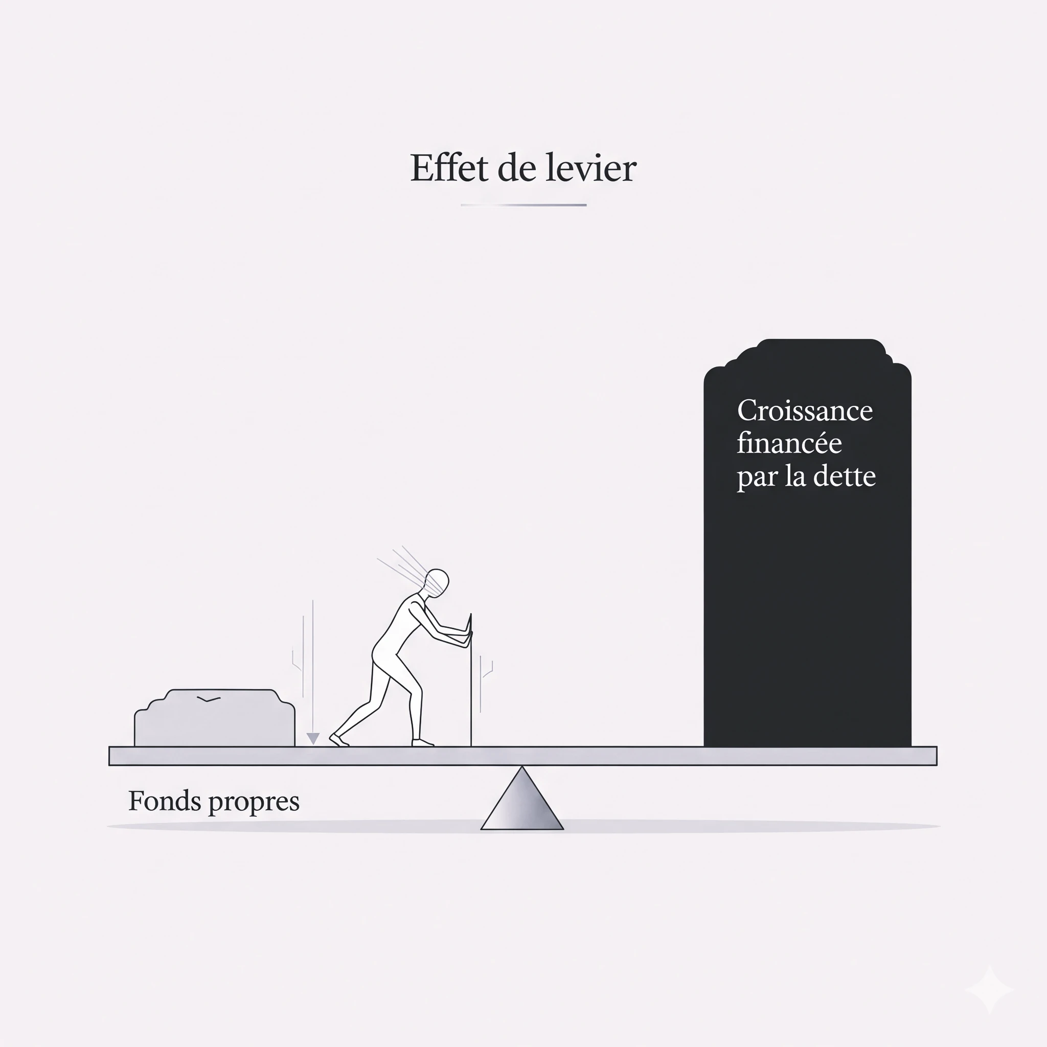 Homme soulevant un levier pour équilibrer une dette et des fonds propres — DB France Invest, effet de levier