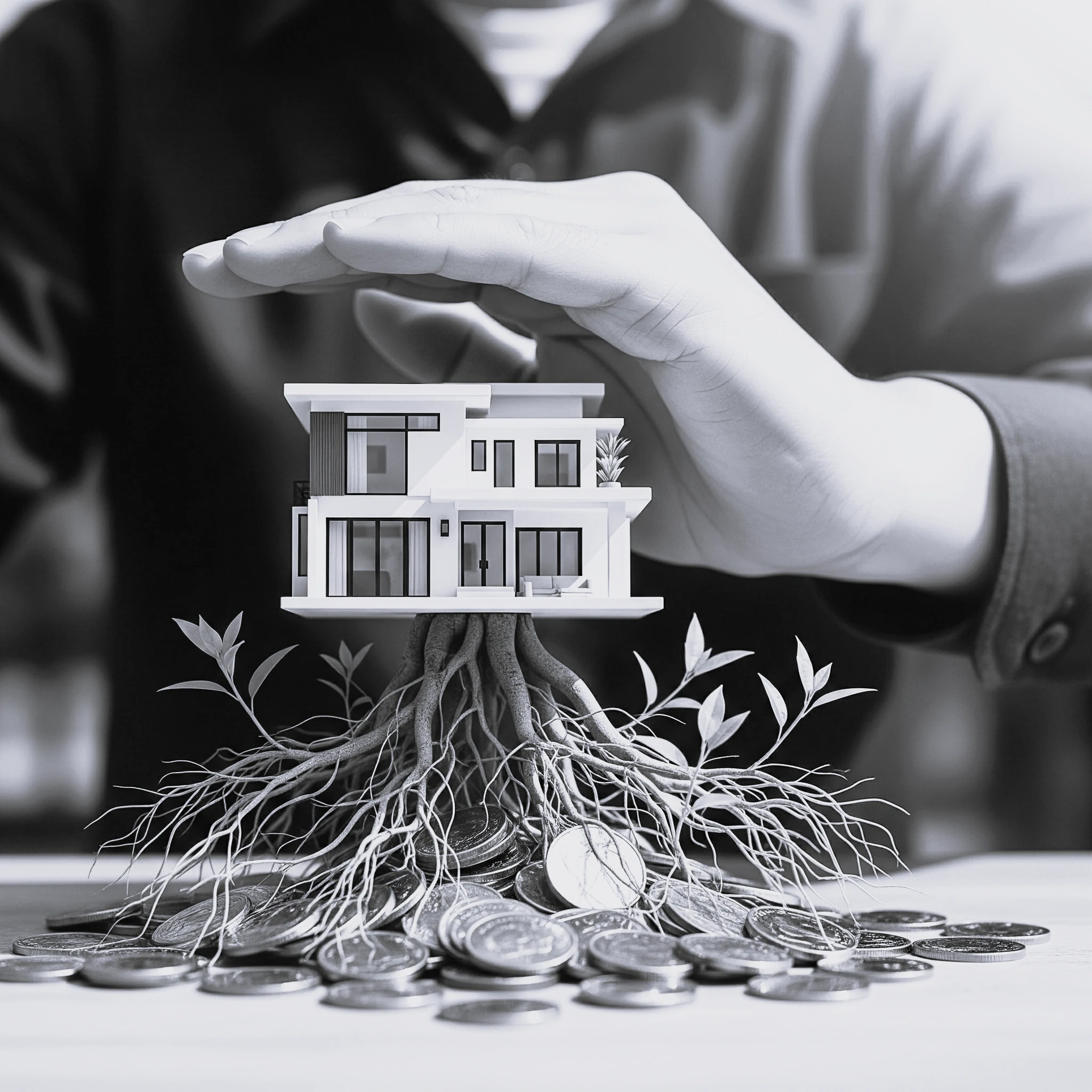 Maquette de maison moderne sur racines profondes et pièces de monnaie — DB France Invest, financement immobilier