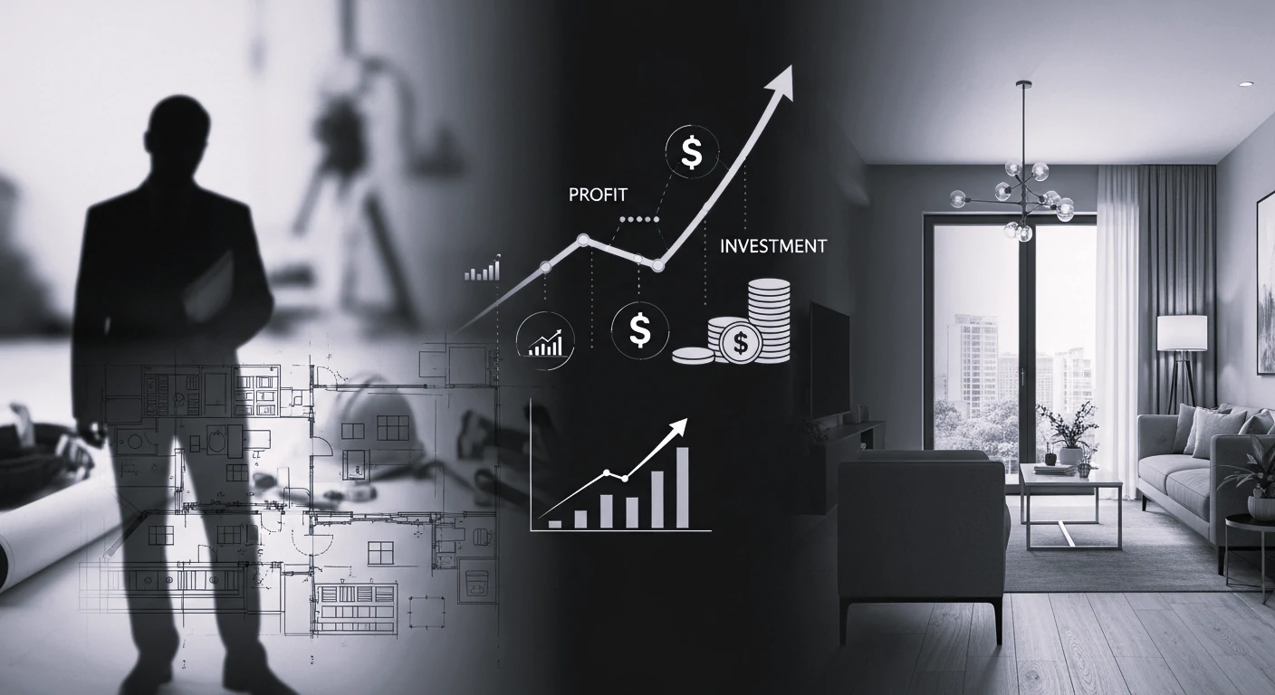 Silhouette d'homme d'affaires devant plans d'architecture et graphiques de rentabilité — DB France Invest, investissement immobilier
