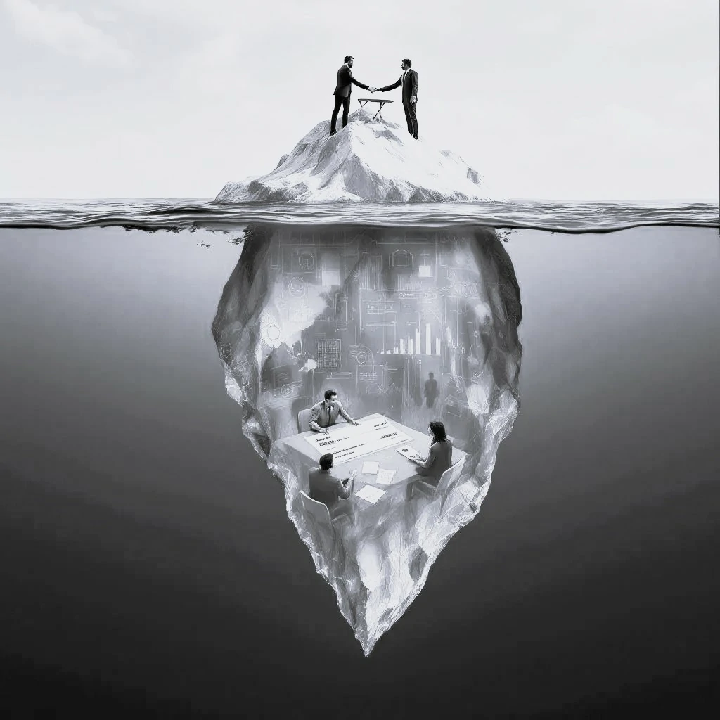 Deux hommes d'affaires se serrant la main sur un iceberg avec des graphiques en arrière-plan — DB France Invest, financement et monétisation d'actifs