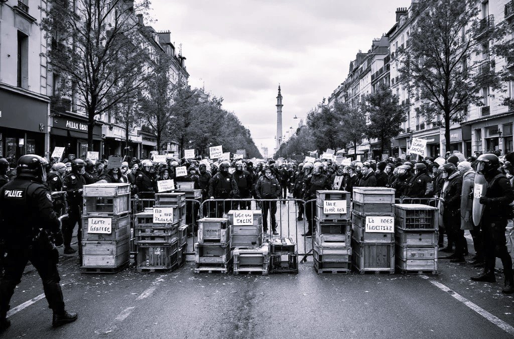 Foule de manifestants dans une rue parisienne avec barricades et forces de l'ordre — DB France Invest, mobilisation sociale