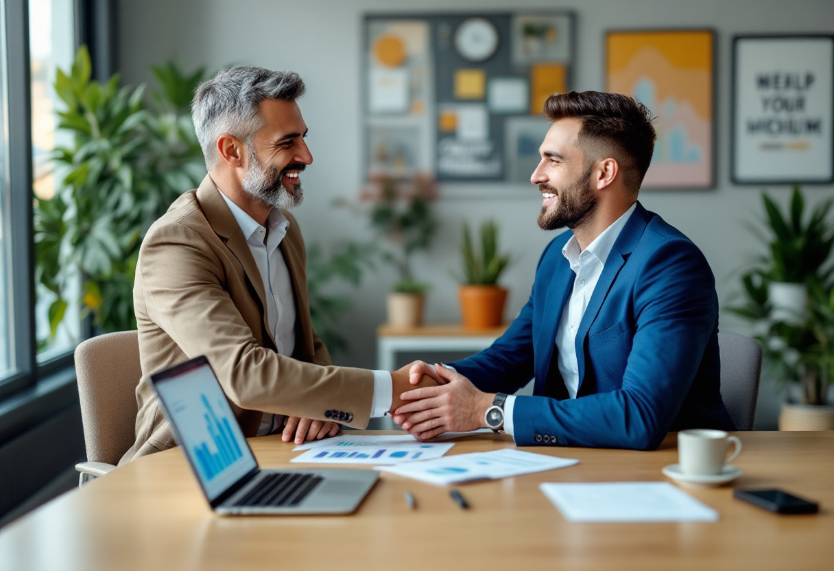 Deux hommes d'affaires se serrant la main dans un bureau moderne — DB France Invest, conseil en financement