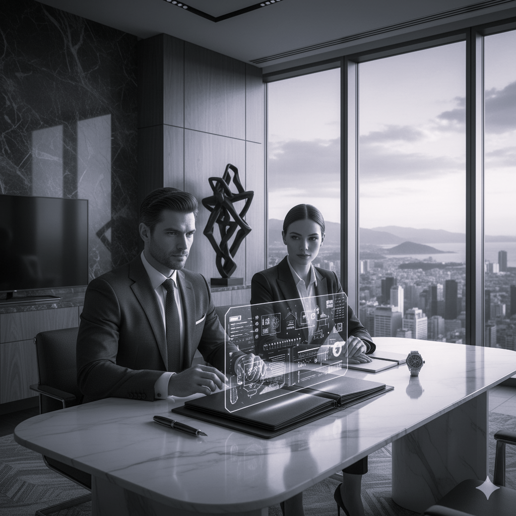 Deux professionnels en costume examinant un écran holographique dans un bureau avec vue panoramique — DB France Invest, conseil financier