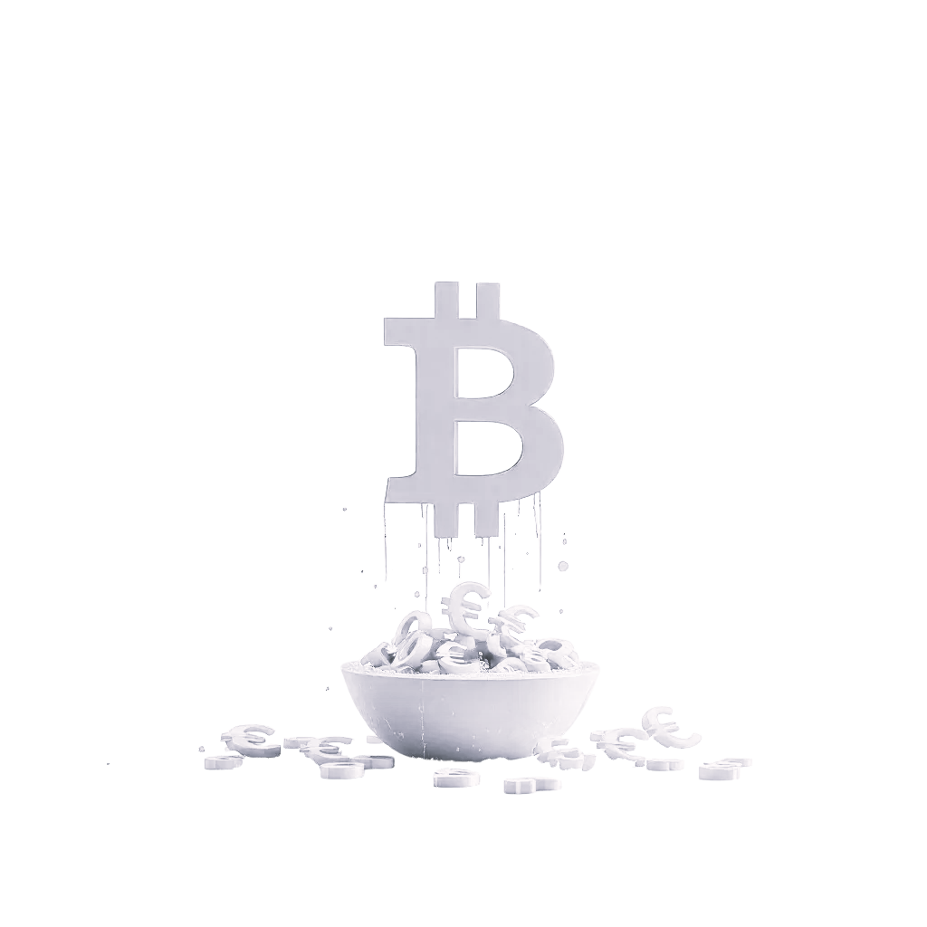 Symbole bitcoin blanc flottant dans un bol blanc — DB France Invest, cryptomonnaies