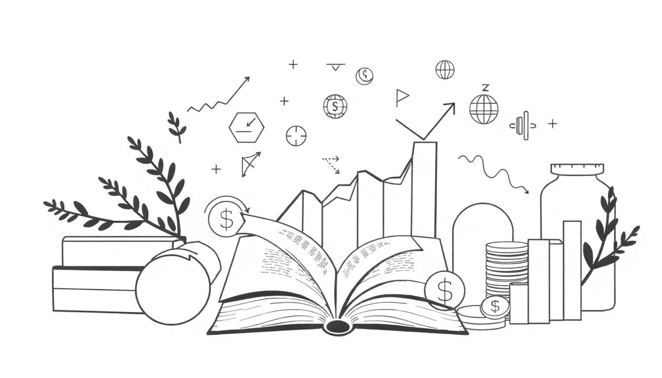 Livre ouvert avec graphiques et symboles financiers — DB France Invest, financement et monétisation