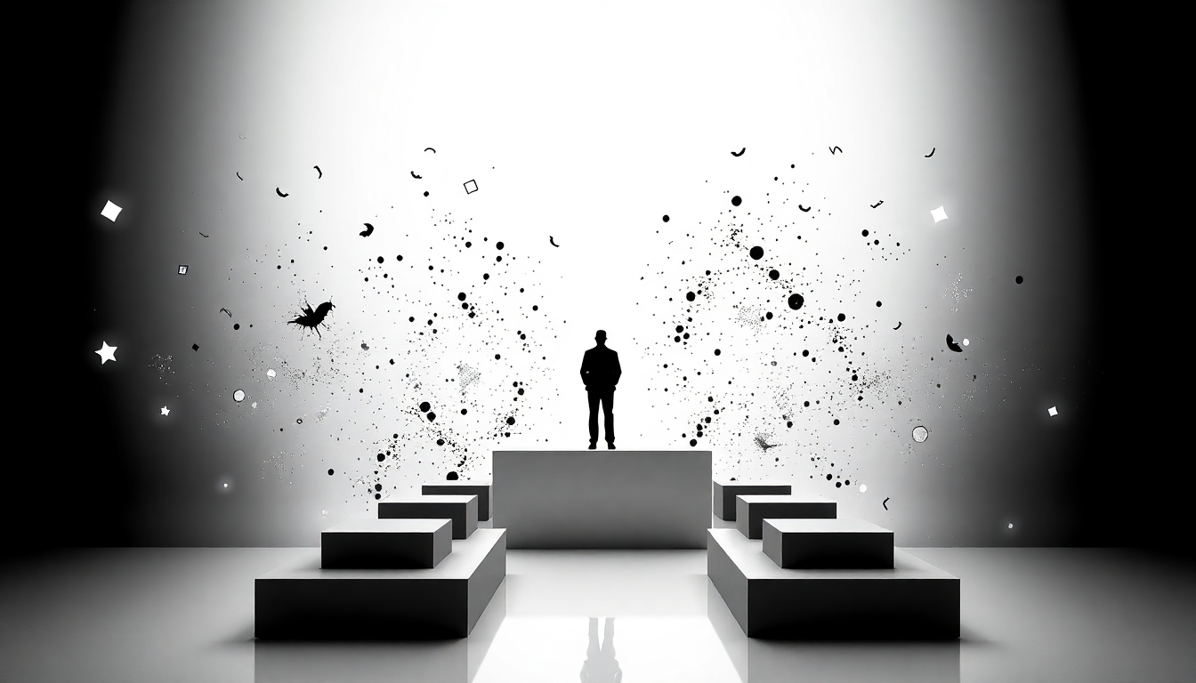 Silhouette d'homme sur podium avec éléments cosmiques — DB France Invest, levée de fonds