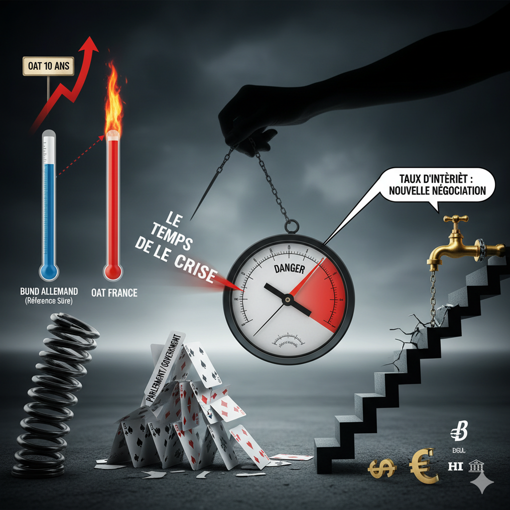 Cadran de danger avec flèche rouge, escalier en colimaçon et symboles financiers — DB France Invest, temps de crise