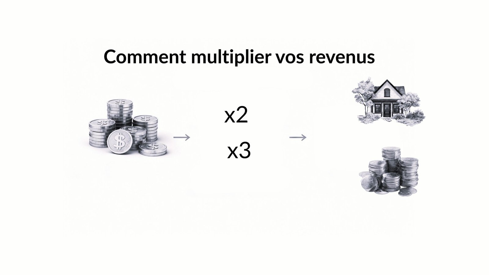 Piles de pièces de monnaie et maison illustrant la multiplication des revenus — DB France Invest, stratégie patrimoniale