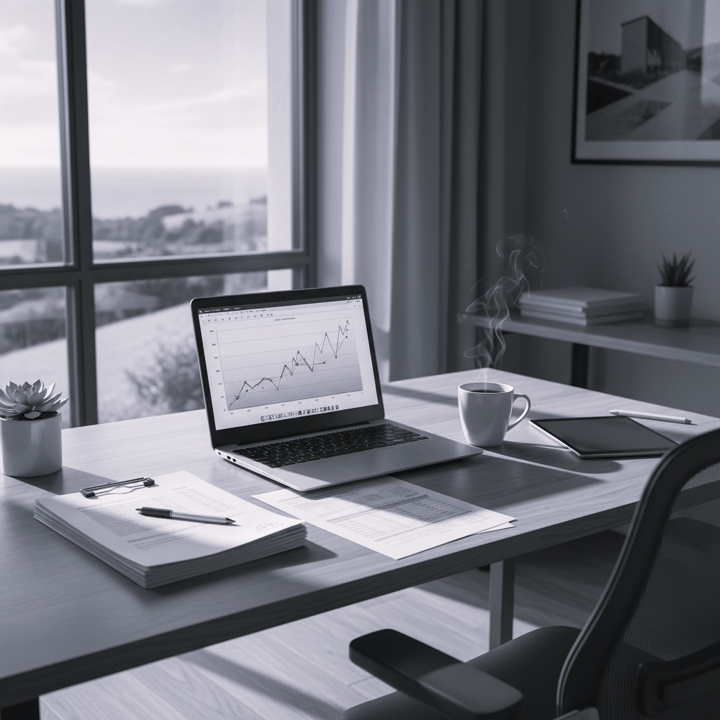 Espace de travail moderne avec laptop affichant graphique financier et documents — DB France Invest, Conseil financier