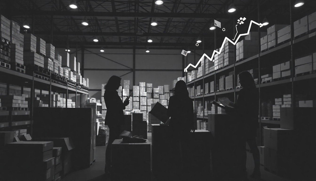 Silhouettes de professionnels dans un entrepôt avec graphique de croissance — DB France Invest, stratégie financière