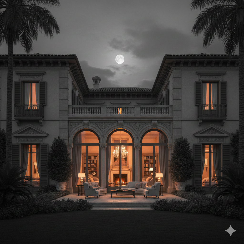 Façade d’une demeure de prestige la nuit, intérieur chaleureux éclairé Illustration de monétisation immobilière et solutions de financement. Solutions de monétisation et financement pour patrimoines et entreprises - Monétisation immobilière et financement de projets - Levée de fonds & corporate finance - Conversion d’actifs (bitcoin, or) en liquidités - Conseil, sélection de biens et structuration de dossiers. monétisation immobilière, financement immobilier, levée de fonds, conversion d’actifs bitcoin, monétisation or, conseil en financement, structuration de financement.