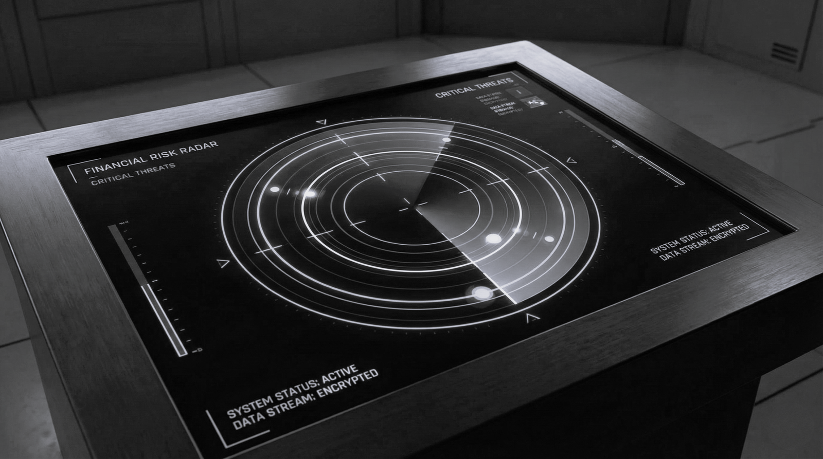 Tableau de bord radar financier avec menaces critiques — DB France Invest, gestion des risques