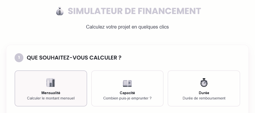 Simulateur de financement avec trois options de calcul mensualité capacité durée — DB France Invest, financement conseil