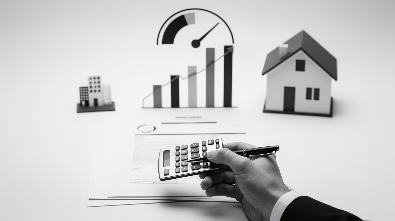 Homme d'affaires calculant sur calculatrice avec graphiques et maisons en arrière-plan — DB France Invest, financement et investissement